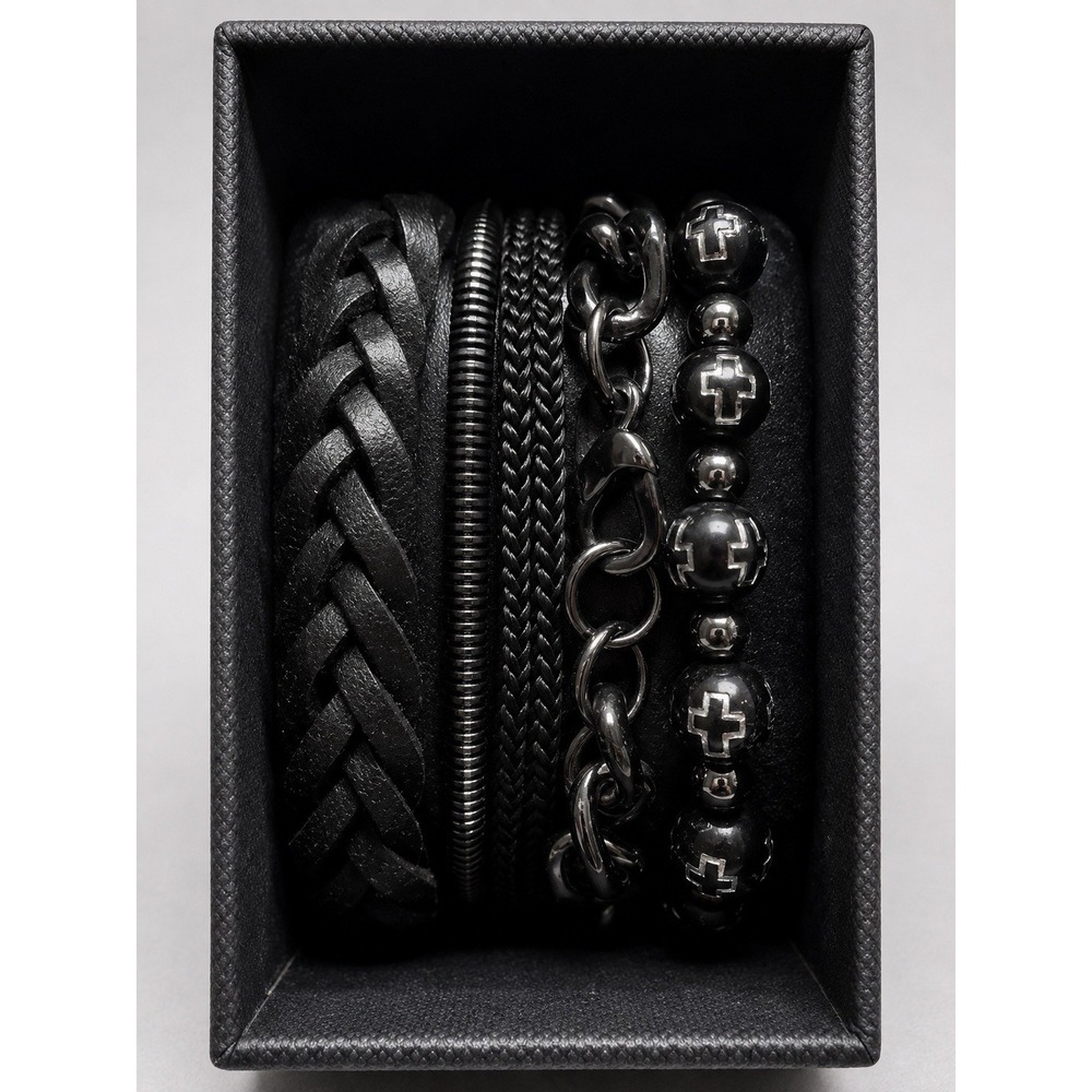 E0061-American Exchange Men's 5pc Black Gunmetal Stackable Bracelet Set New Box
